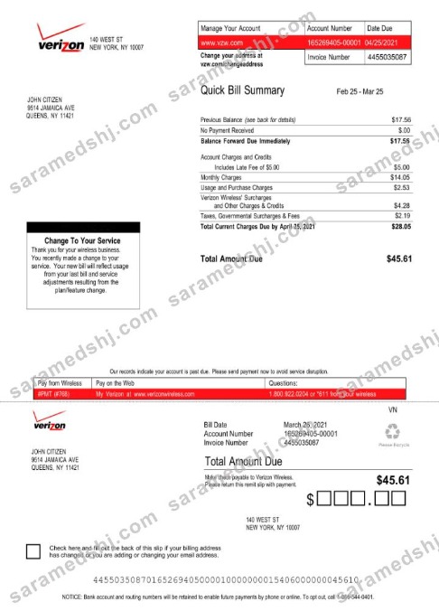 USA Verizon utility bill Word and PDF template, version 3